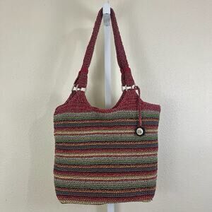 The Sak Belle Crochet Large 2 Handle Tote Rainbow Stripe Purse Handbag Boho Bag